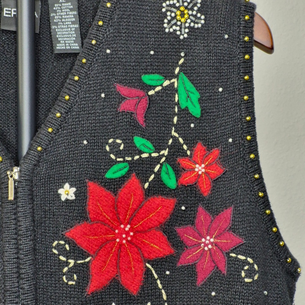 Vintage Erika Ugly Christmas Sweater Vest Poinsettia Beaded Zip Front XL Festive - Picture 2 of 8